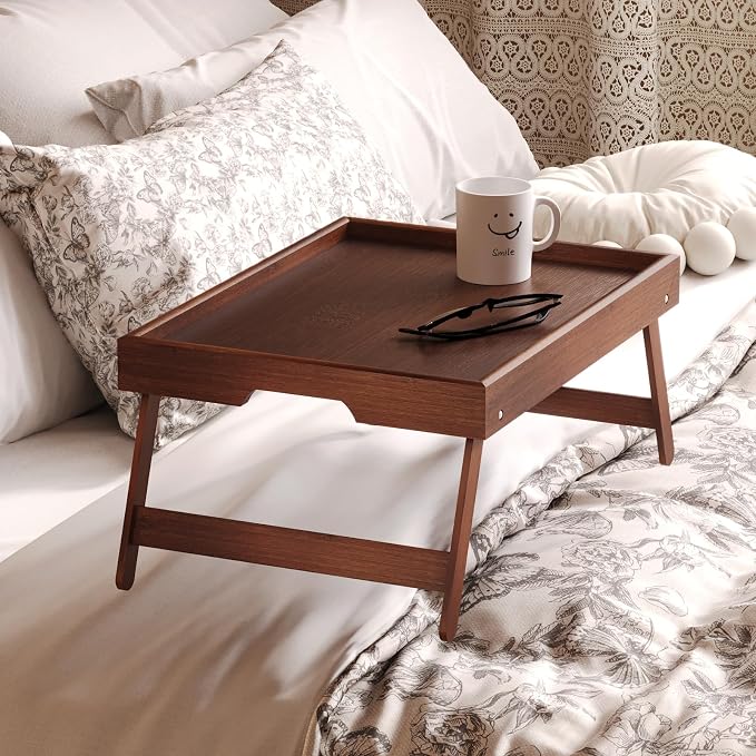 Fibogollo 4 Pack Bamboo Bed Tray Table with Folding Legs,Breakfast Trays,Serving Tray for Food and Snack,Laptop Trays for Working(Brown)