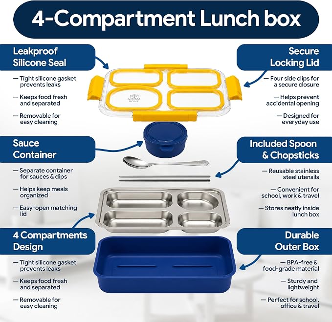 Large 11" x 8" Stainless Steel Bento Lunch Box for Adults with 4 Compartments Leakproof Lid BPA-Free 304 Stainless Steel Food Container That Keeps Food Separate,Ideal for Office and Travel use,Yellow