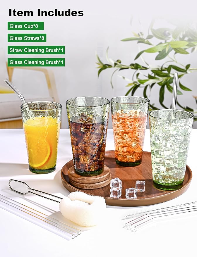 Amyoole Drinking Glasses Set of 8, 16oz Green Highball Water Glasses | Stackable Lead-Free, Clear Heavy Hammered Glass Cups,Kitchen Drinkware Glassware for Cocktail,Beer,Juice,Iced Tea,Margaritas