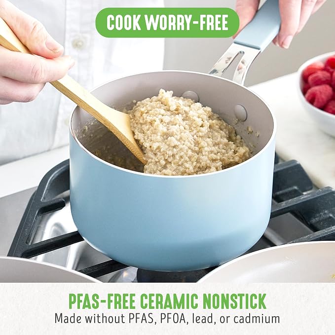GreenLife 2 Quart Nonstick Saucepan with Lid, Lightweight Healthy PFAS-Free Milk Pan, Dishwasher & Oven Safe Soup Pan, Durable Body, Silicone Stay-Cool Handle, Easy Release Chef’s Pan, Blue Haze