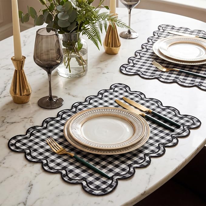 Linen Placemats Set of 12 Scalloped Placemat 13 X19 Wavy Embroidery Double Layered Washable Farmhouse Dinner Fabric Table Mat Napkin for Wedding Party Restaurant(Plaid,Black and White)