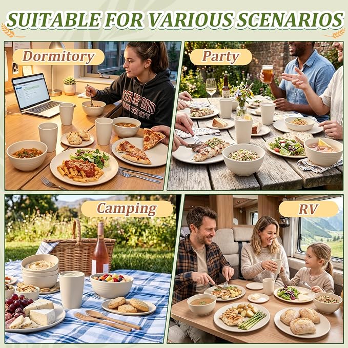 PYRMONT 40 PCS Dishes Set Wheat Straw Plates and Bowls Set Service for 8 Unbreakable & Lightweight Dinnerware Set Microwave & Dishwasher Safe for Apartment,Camping,Kitchen-Beige