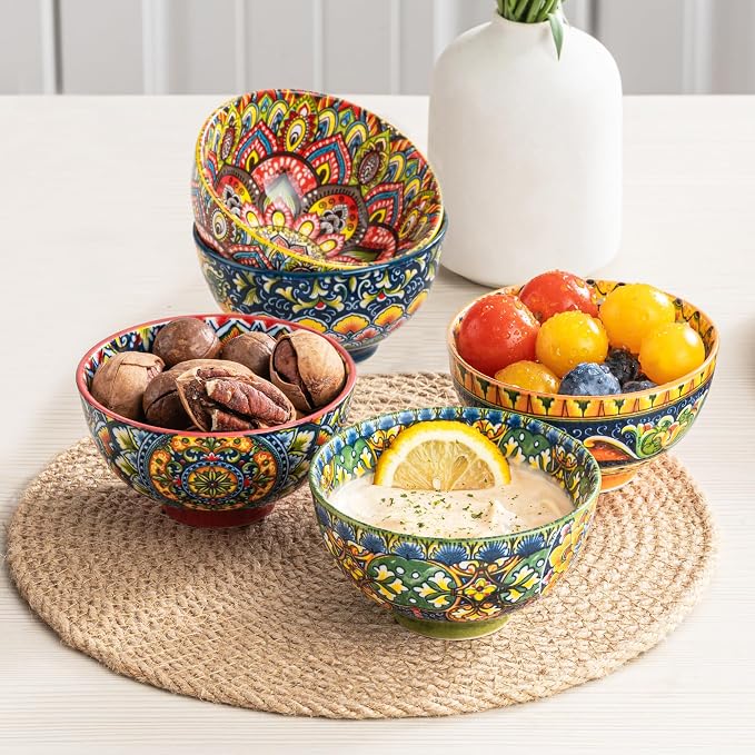 Henten Home Ceramic 5 oz Dipping Bowls, Boho Sauce Bowl Set of 6, Colorful Small Snack Bowls for Salsa, Appetizer, Decorative, Microwave & Dishwasher Safe