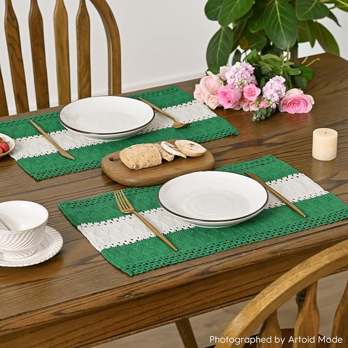 Artoid Mode Dark Green Farmhouse Rustic Placemats Set of 6,12x18 Inch Seasonal Hollow Table Mats Party Kitchen Dining Decoration