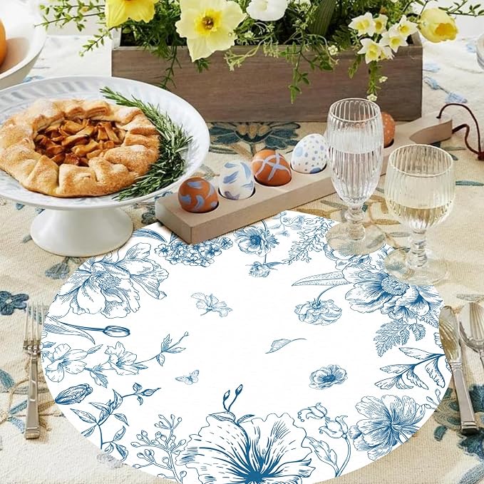 50 Pack Paper Placemats Disposable Blue and White Placemats 13.7 Inch Vintage Blue Floral Place Mats Decorative Chinoiserie Round Table Mats for Dinner Table Setting Birthday Wedding Party Supplies