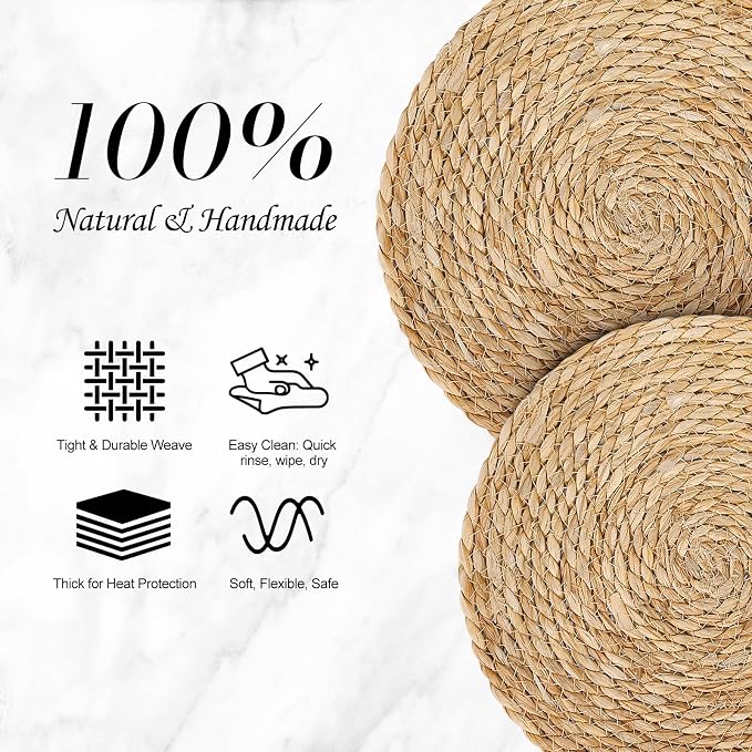 Placemats Set of 8 - Rattan Round Place Mats & 11.8” x 17” Cotton Braided Placemat for Dining Table Setting, Rustic Farmhouse Boho Wedding Decor, Wicker Woven Charger Dinner Plates, 16Pcs