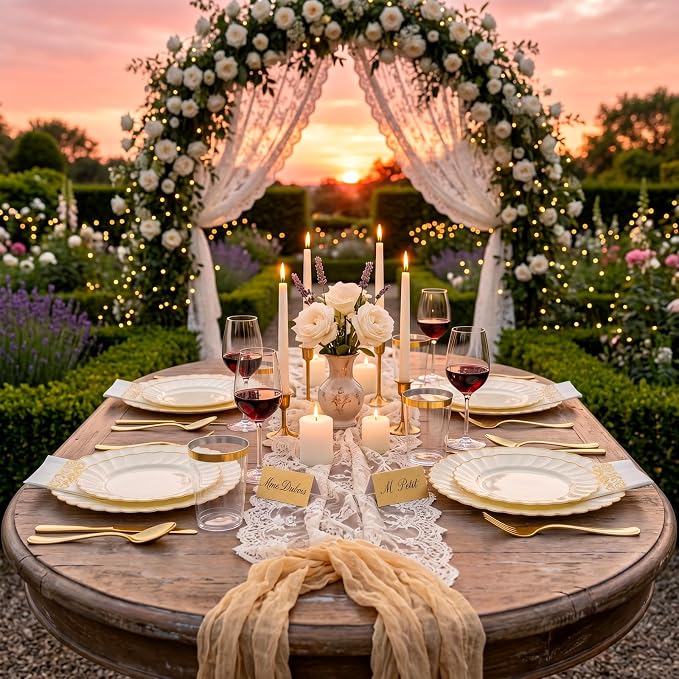 YOUBET 175PCS Ivory Scalloped Plastic Plates for Party Wedding | Ivory and Gold Disposable Dinnerware Set Include 50 Plates, 75 Gold Silverware, 25 Cups, 25 Napkins