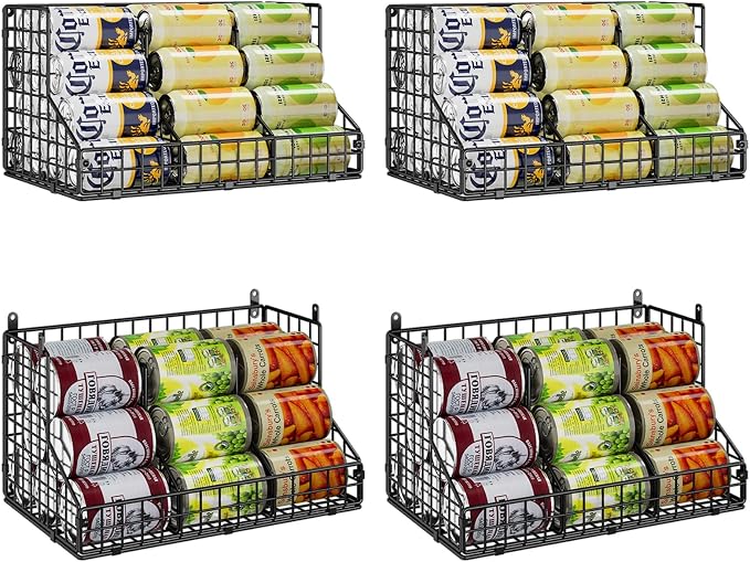4 Pack Stackable Can Rack Organizer for Pantry Storage,Can Dispensers with 4 Adjustable Dividers, 2-Tier Metal Wire Basket Holds up to 84 Cans for Kitchen Cabinet Pantry, Black