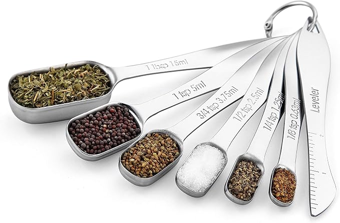 Spring Chef Nesting Stainless Steel Measuring Spoons Set of 7 with Leveler | Rectangular Metal Teaspoon & Tablespoon Measuring Spoons for Dry & Liquid Ingredients, Fits in Spice Jars, Long Handle