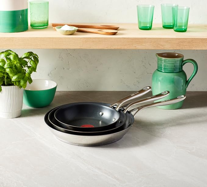 T-Fal x Jamie Oliver Nonstick Coated Stainless Steel Pans 8", 9.5" & 11", Frypan Set Induction Compatible, Oven Safe up to 500°F, Chef's Stainless Steel Skillet, Frying Pan, Silver | 3 Frying Pans 7.9/9.4/11 inch, Titanium Non-Stick Coating, Suitable f...
