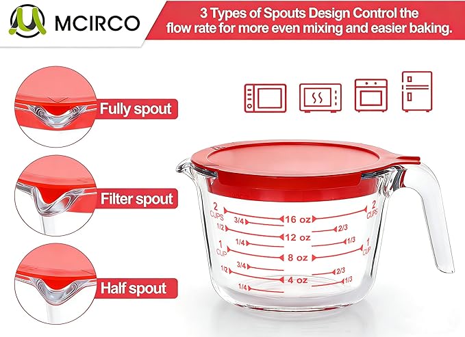 M MCIRCO 6 Pcs Glass Measuring Cups with Lids Set, 1 Cup, 2 Cup, 4 Cup | Measuring Jugs with Handle, Nesting Liquid Measuring Cups for Kitchen, Microwave, Oven, Freezer, Dishwasher, BPA Free