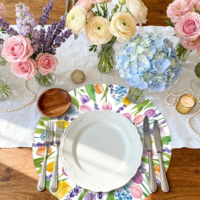 50PCS Summer Paper Placemats Floral Disposable Paper Placemats | Tulip & Lavender Round Table Mats for Birthday Wedding Baby Shower Party Decoration