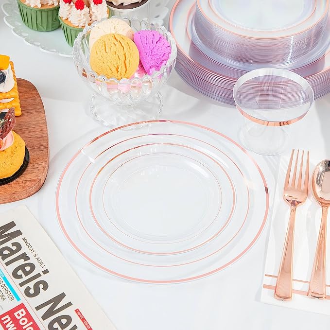 GATHER 350PCS Clear Rose Gold Plastic Plates for Wedding and Party | Rose Gold Disposable Dinnerware include 100 Plastic Plates, 150 Silverware, 50 Napkins, 50 Cups for Baby Shower Bithday