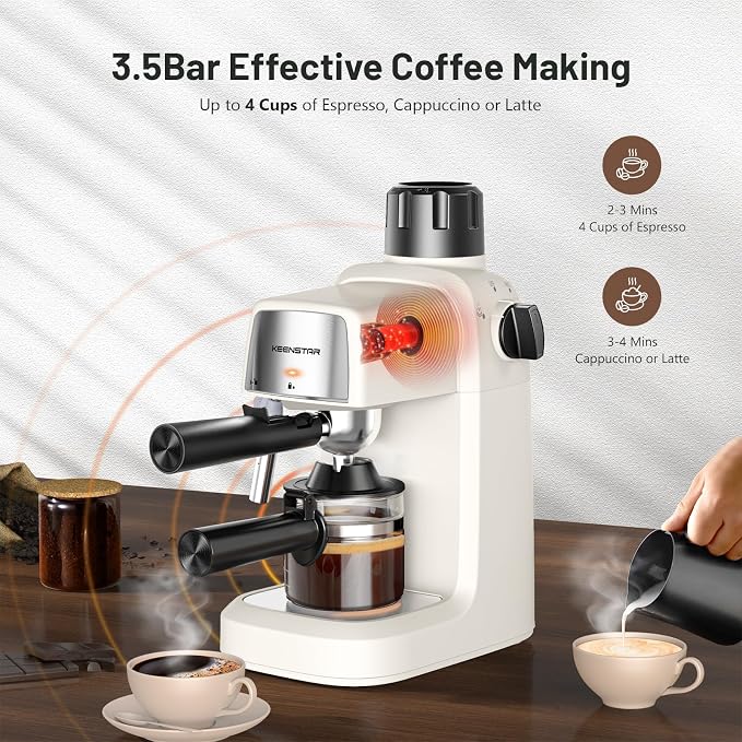 KEENSTAR Espresso Machine 3.5Bar, Compact Expresso Coffee Machines 4-Cup | Milk Frother, 800W Fast Heating, Brew Latte & Cappuccino, Espresso Maker for home, for Coffee Lover, White