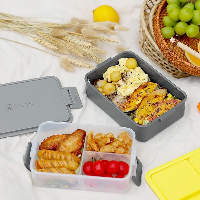 Stackable 2-Tier Adult Bento Box, 4 Compartments - Ultimate Gray | leakproof sauce cups, utensil set included, microwave & dishwasher safe, 7 colors available, ideal for work/school/picnic