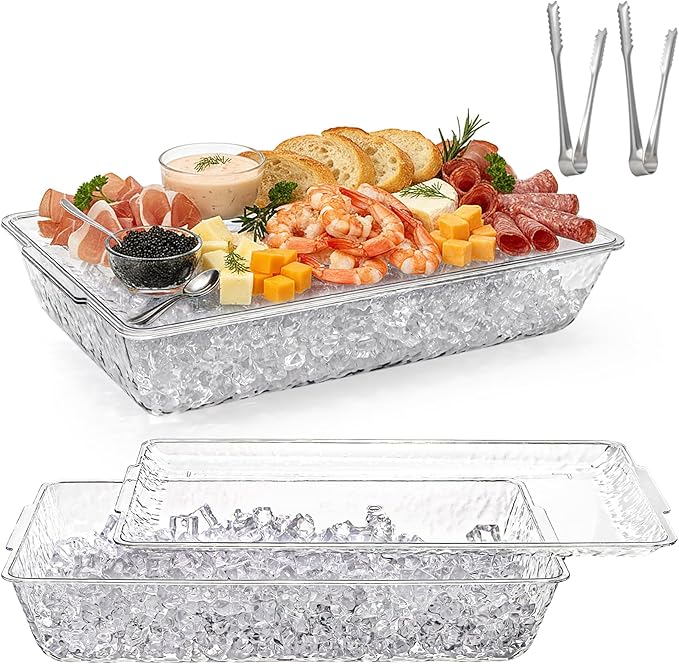 2 Pack Ice Chilled Serving Tray, Plastic Chilled Party Platter for Fruit, Veggie Trays Large Removable Serving Tray for Cold Dish, Ideal for Appetizers, Seafood, Desserts, Charcuterie Board