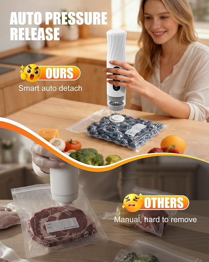RIWUSI Food Vacuum Sealer Machine, 60kPa Powerful Handheld Vacuum Sealer | Visible Water Tank, One-Touch Auto Seal & Pulse Mode for Delicate Foods, Includes 20 Reusable Bags for 6X Preservation