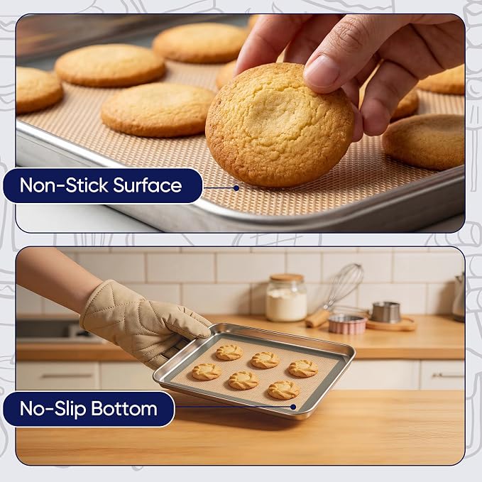 E-far Small Silicone Baking Mats, 2-Pack Nonstick Reusable Silicone Mat for Toaster Oven Pan Baking Cookie, Fit 7.5x10” Rectangle Sheet Tray for Steak, Food Grade & Heat-Resistant, Easy Clean, Gray