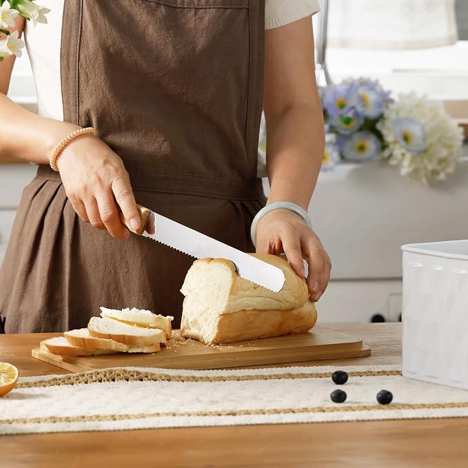Large White Diamond Embossed Bread Box with Bamboo Lid | Corner Breadbox for Homemade Bread, Metal Bread Storage Container Bin for Kitchen Countertop