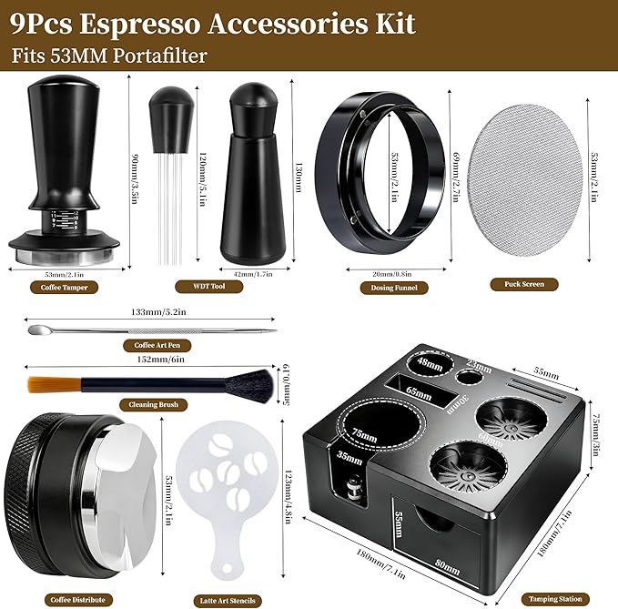 9 PCS 54mm Espresso Accessories Kit with Tamper Station | Coffee Tamper Set with WDT Tool, Distributor, Puck Screen, Dosing Funnel, Espresso Tool Kit for 54mm Portafilter