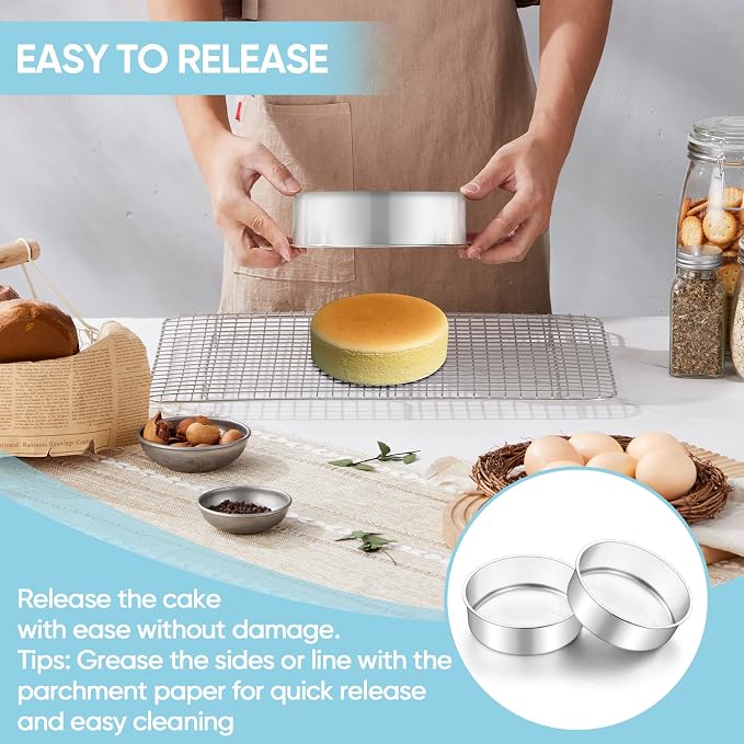 TeamFar 6 Inch Cake Pan, 2 Pcs Stainless Steel Round Tier Cake Pan Set | for Baking Steaming Serving, Fit in Oven Pot Air Fryer, Healthy & Heavy Duty, Mirror Finish & Easy Clean, Dishwasher Safe