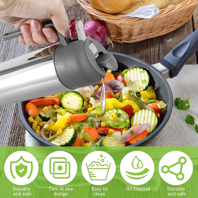 2 in 1 Oil Dispenser and Oil Sprayer, 304 Stainless Steel Oil Dispenser Bottle, 500ml Oil Sprayer for Cooking, Refillable Food-grade Oil Mister for Air Fryer, Salad, Frying, BBQ, Home Kitchen Gadget