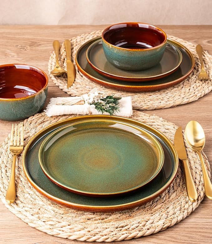 GBHOME Dinnerware Sets for 4, 12 Pieces Ceramic Plates and Bowls Set | Scratch Resistant Stoneware Dishes Set, Dishwasher & Microwave Safe, Reactive Glaze-Brown Green