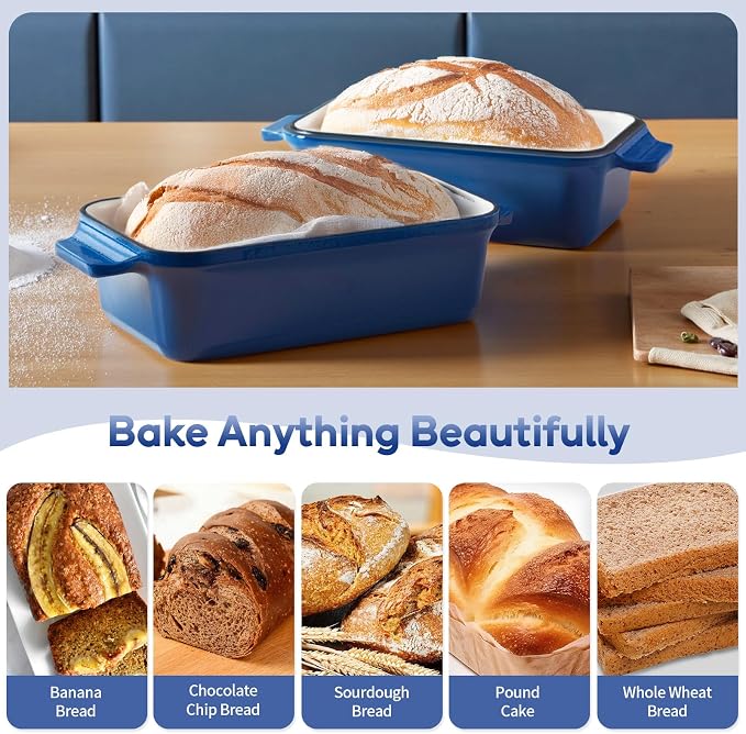 Enameled Cast Iron Dutch Oven for Bread Baking, 9×5 Dutch Oven Pot with Lid, 2 in 1 Sourdough Bread Pans for Baking with Lid, Roasting & Braising, Easy Release, Oven & Induction Safe (4.2 QT,Blue)