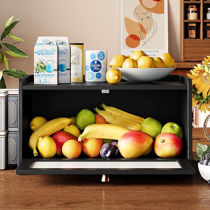 Trironsun Bread Box for Kitchen Counter Black Bread Storage Container with Acrylic Door William Morris Flower Bird Design Farmhouse Breadbox Organizer (Black)