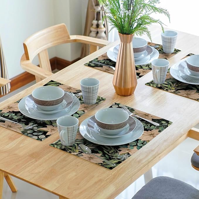 Watercolor Eucalyptus Flower Table Placemats Set of 4，Blue Snowflake Placemat for Dining Table，Washable Table mats for Winter Holiday Birthday Party Decor，12x18 Inch