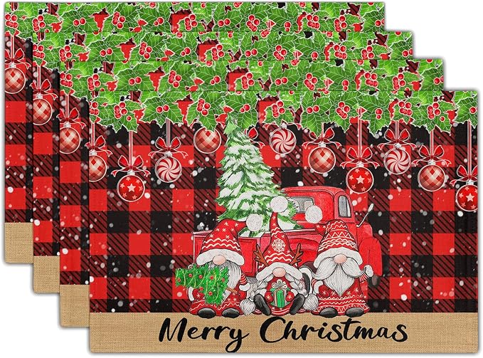 Winter Placemats Set of 4, 12 x 18 Inch Xmas Tree Gnome Truck Dining Table Mats Red Black Buffalo Plaid Rectangle Tabletop Decor for Holiday Seasonal Dining Party