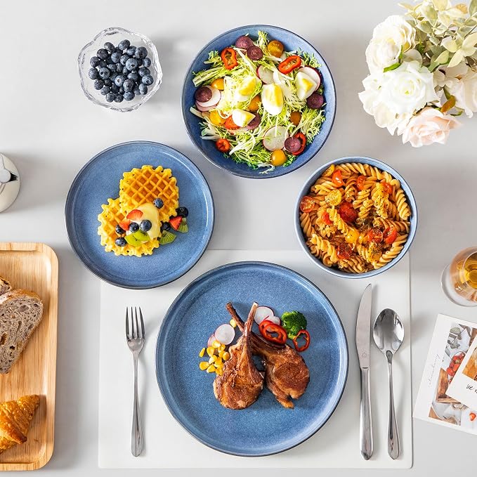 vancasso ANYA 24 Pieces Plates and Bowls Set, Blue Dinnerware Sets, Reactive Glaze Dishes Set for 6, Ceramic Dishware Sets Kitchen Dinner Set, Microwave & Dishwasher Safe