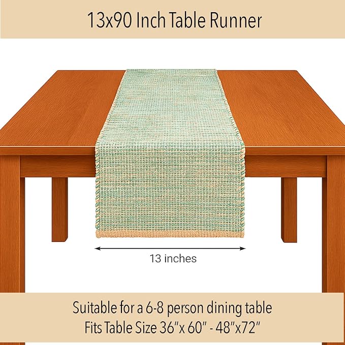 Natural Jute Table Runner, 13x90 Inch, Sage Green-White | Vintage Boho Rustic Decor, Handwoven, Farmhouse Dining, Console Table Accent