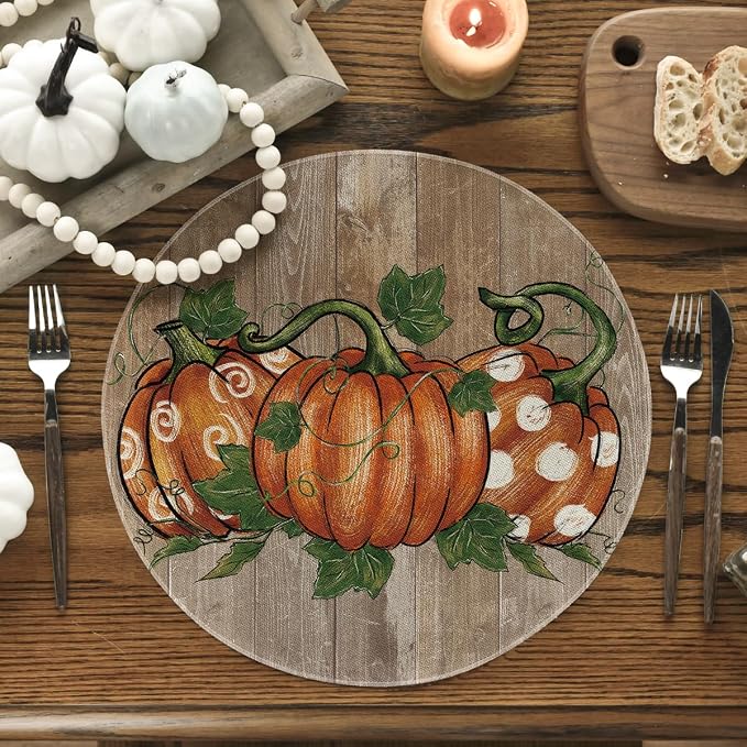 Artoid Mode Wood Pumpkins Round Fall Placemats Set of 4-14 Inch | Heat-Resistant, Washable Table Mats, Seasonal Autumn Kitchen Dining Decor