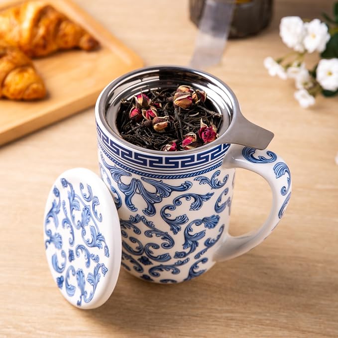 AmorArc Tea Cup With Infuser and Lid, 18oz Loose Leaf Tea Mug With Steeper | Porcelain Tea Mug With Infuser and Lid, Large Strainer Tea Cup with Lid for Tea, Coffee Mug for House-warming Birthday Gift