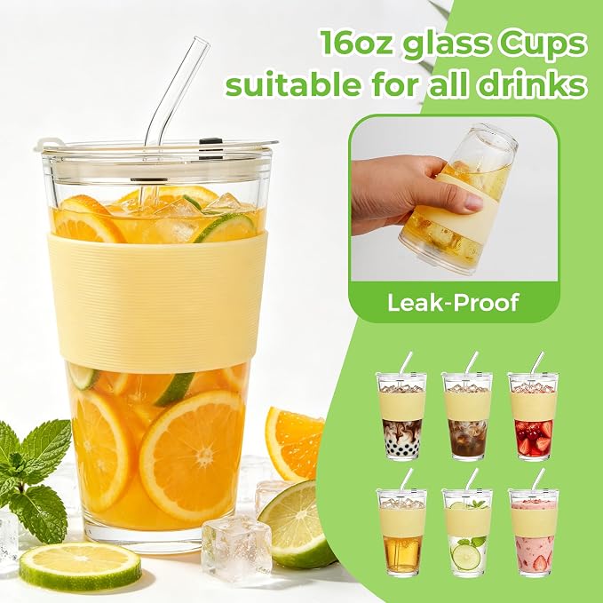 Birity 16oz Glass Cups with Lids and Straws,Glass tumbler With Straw and Lid-Reusable Iced Coffee Cups for Tea, Juice, Smoothies, Mason Jar Drinking Cup for Hot/Cold Drinks at Home,Office,Travel