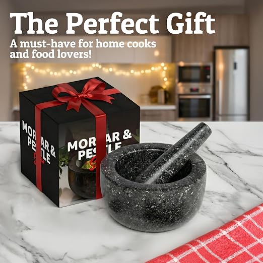 Heavy Duty Large 4 Cup Mortar and Pestle Set, 100% Natural Granite, 7 Inch Diameter Bowl, 7.2 Inch Pestle, Non-Slip Base, Stone Grinder for Guacamole Salsa Pesto Herbs Spices, Black