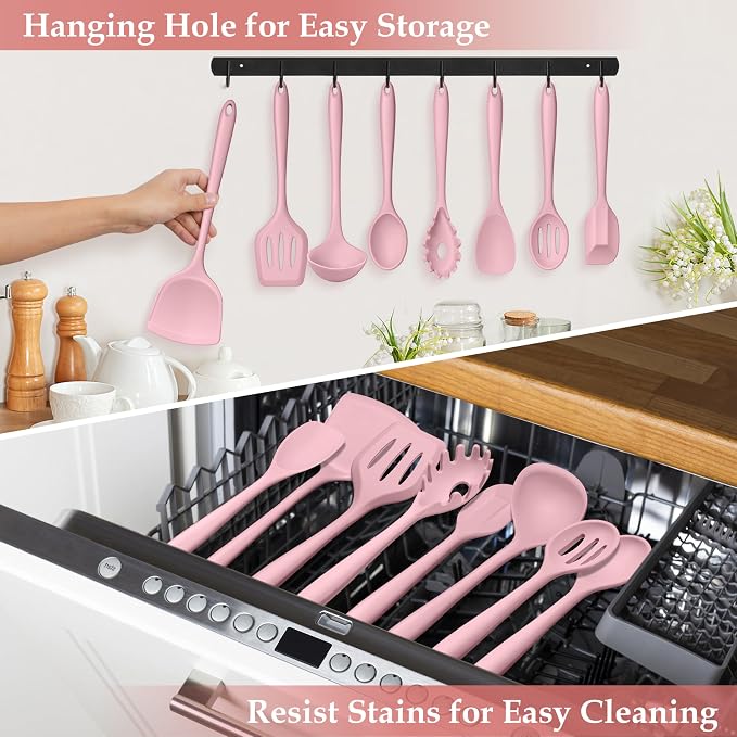 LIANYU Pink Silicone Cooking Utensils Set of 8, Non-Toxic Kitchen Utensils | Include Spatulas Spoons, Heat Resistant Non-Scratch Kitchen Tool, Healthy & Dishwasher Safe