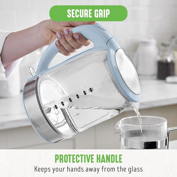 GreenLife 1.7 Liter Electric Glass Kettle, Blue Haze | Glass Body, Auto Shutoff, Thermal Shock Resistant, Quick Heating, Easy One Touch Use, Cordless Serving, LED Base, Coffee/ Tea