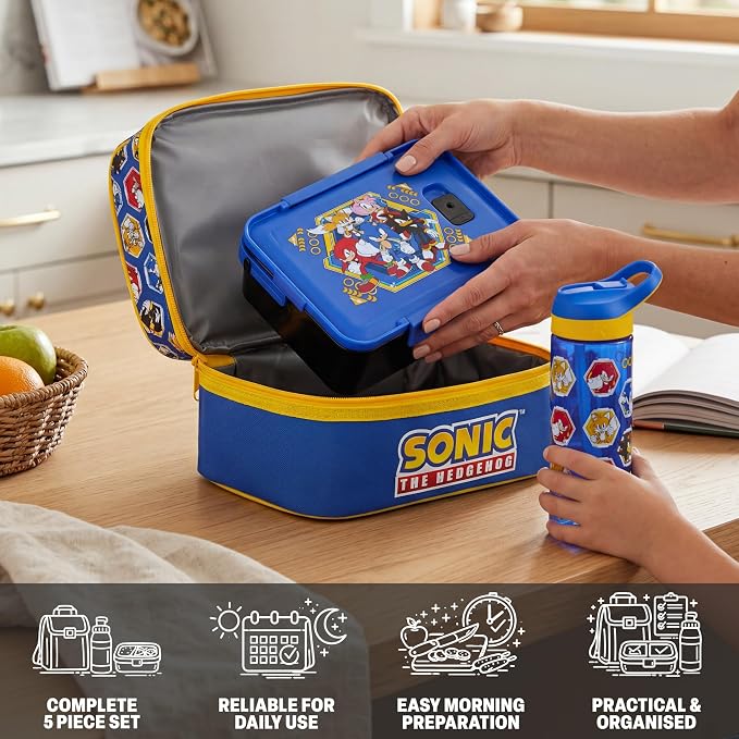 Get Trend Sonic the Hedgehog Kids Lunch Box 3 Pc Set with Insulated Lunch Bag, Bento Box with Two Mini Pots & 20 fl oz Water Bottle with Straw for School, Picnic, Gamer Gifts for Boys (Blue Sonic)