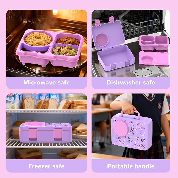 Bento Box for Kids, Leakproof Kids Lunch Box with 8.5OZ Thermo Food Jar & Lunch Bag, 3-4 Compartments Toddler Insulated Lunch Box for Girls, BPA Free Lunch Containers for School Daycare