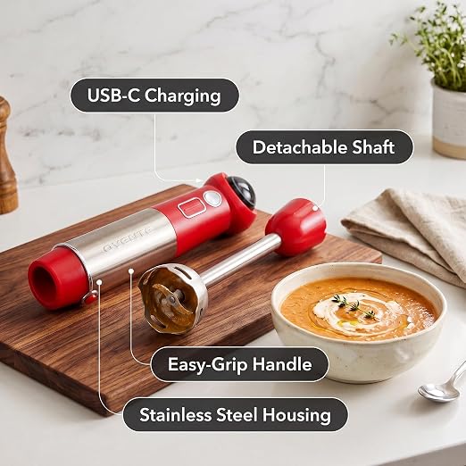 OVENTE Cordless Immersion Hand Blender, 300W Rechargeable Red HR995R | Handheld Portable Mixer with Speed Pulse Activating Sensor and Stainless Steel Blades for Smoothies, Shakes, or Baby Food