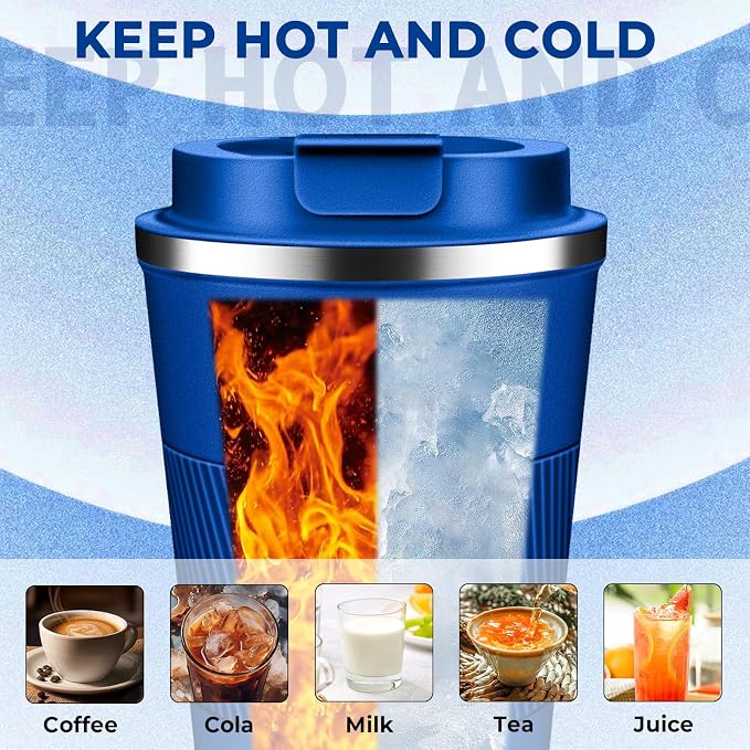 Insulated Coffee Tumbler 12 oz, Stainless Steel Coffee Mug with Lids, Travel Coffee Mug Leak Proof, Double Wall Vacuum Insulated Reusable Coffee Cup, Keep Drinks Hot and Cold (Deep Azure, 12 Ounces)