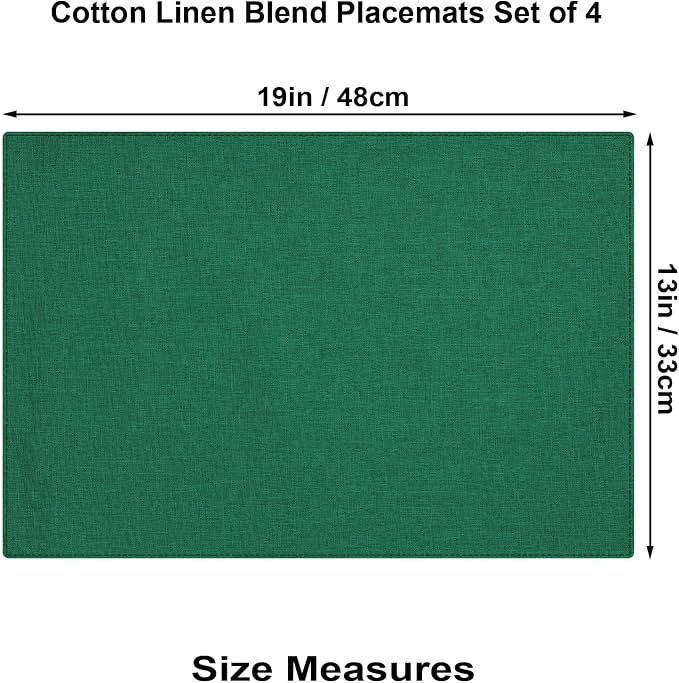 Cloth Placemats Set of 4, Cotton Linen Blend Place Mats, Green | Machine Washable, Double Layered, Heat Resistant, Fabric Dining Table Mats for Kitchen, Indoor & Outdoor, 13" x 19"