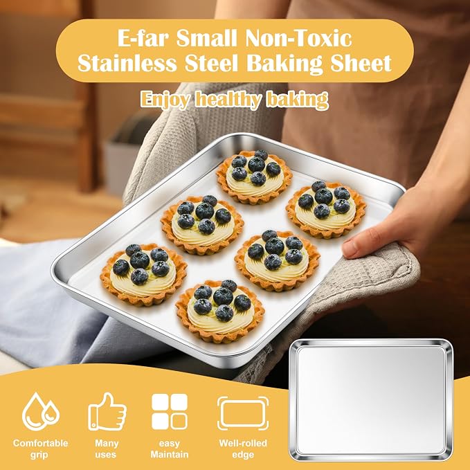 E-far 10.5” x8.3” Baking Sheet Set of 2, Stainless Steel Toaster Oven Tray | Small Non-toxic Metal Baking Pan for Cookie & Cake, Healthy & Rust Free, Mirror Finish & Dishwasher Safe