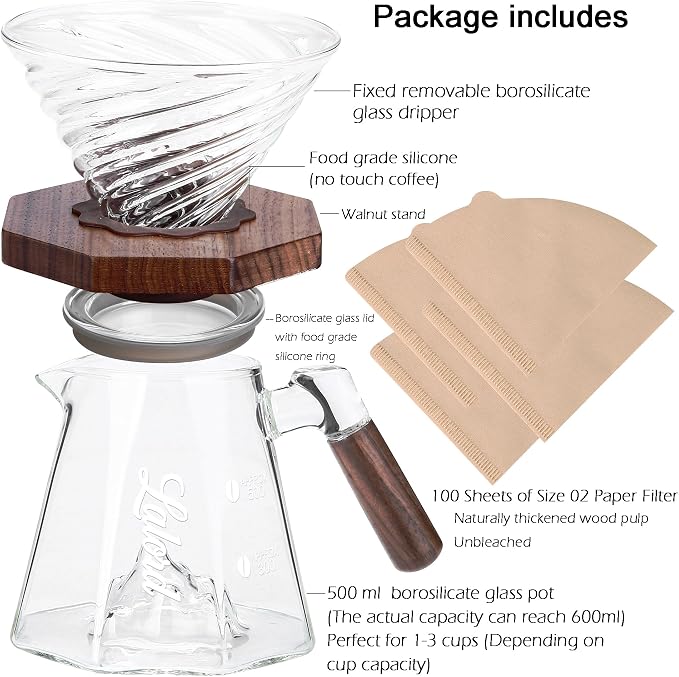Lalord Pour Over Coffee Maker, 600ml/20oz Borosilicate Glass Set, 100 Paper Filters, Walnut Collar & Glass Lid, 1-3 Cups, Clear (B-600ml Set)