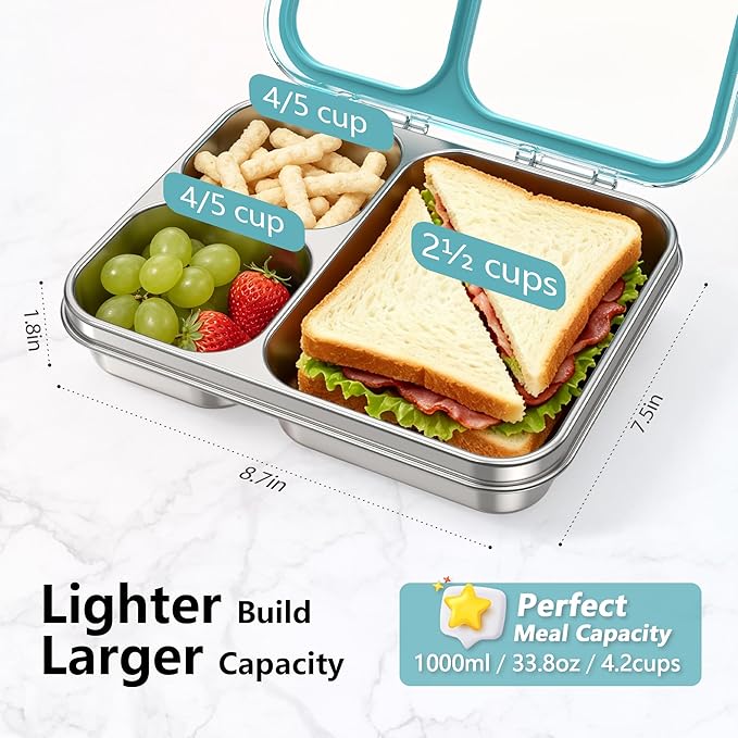 HOMEKOL Stainless Steel Bento Lunch Box 3-Compartment, 4.2Cups, Blue | Leak-Proof Metal Lunch Container for Kids & Adults, BPA-Free, Dishwasher Safe, Clear Tritan Lid, 1000ml (Not Insulated)
