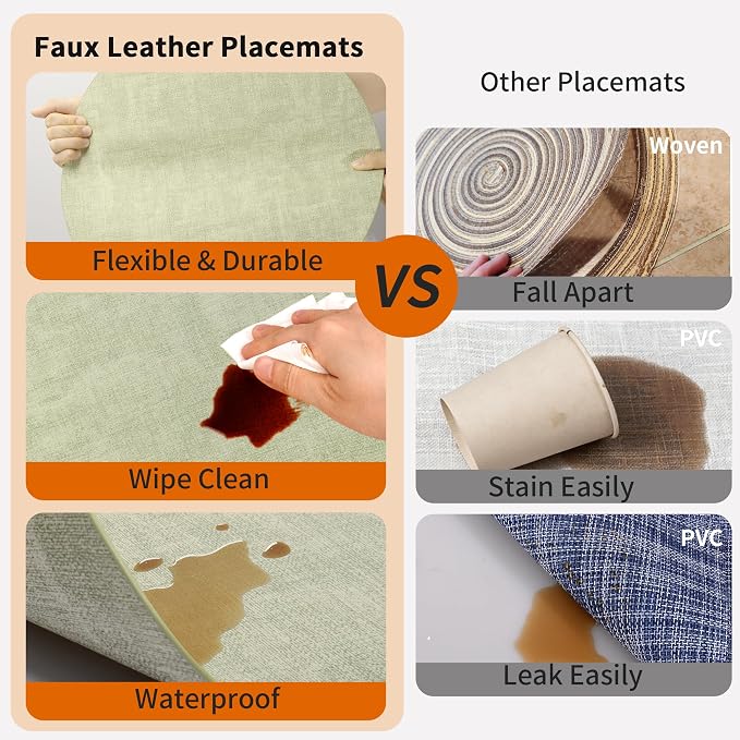 Maxpearl Faux Leather Round Placemats Set of 6, 13.8 inch, Light Green | Waterproof, Heat Resistant, Non Slip, Wipe Clean Dining Table Place Mats, Suitable for Indoor & Outdoor Use, Table Settings
