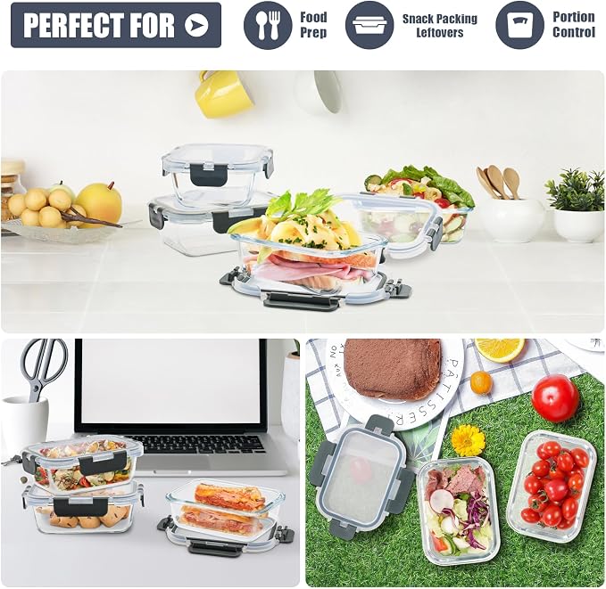 6pack 12oz Small Glass Meal Prep Containers with Airtight Lids | Perfect for Small Portions, Glass Food Storage Containers with Snap Lids, Freezer to Microwave Safe, Dishwasher Safe