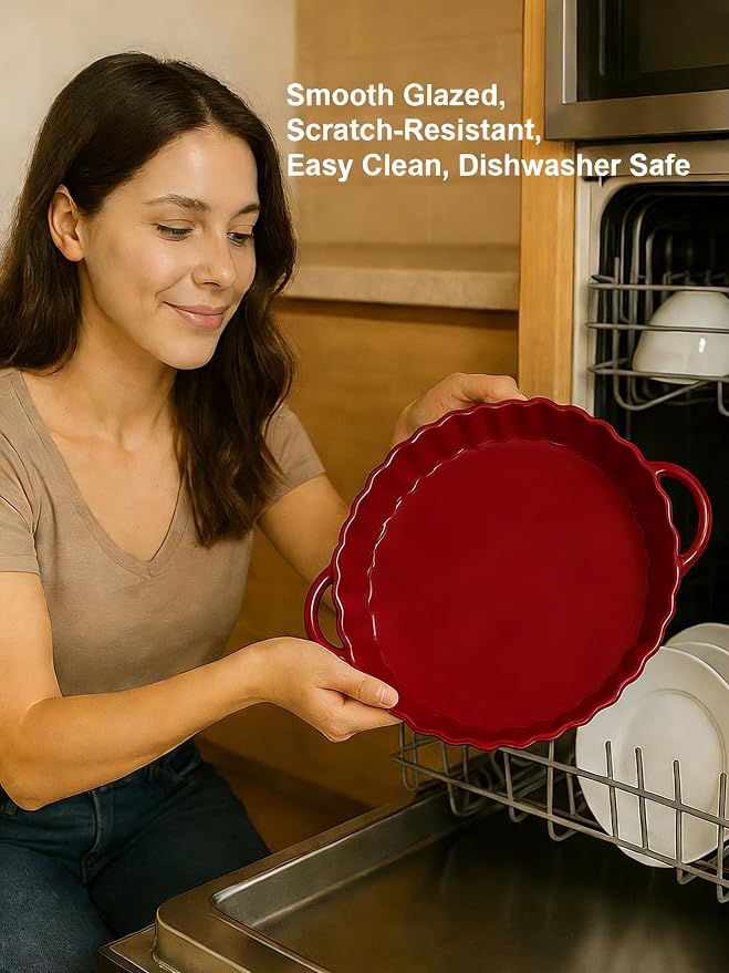 10×2in Deep Ceramic Pie Pan with Handles for Pie Quiche Tart Baking. Easy to grip, Lead-Free. Casserole Lasagna Dish for Thanksgiving Christmas Gift. Oven Microwave Dishwasher Safe. Red